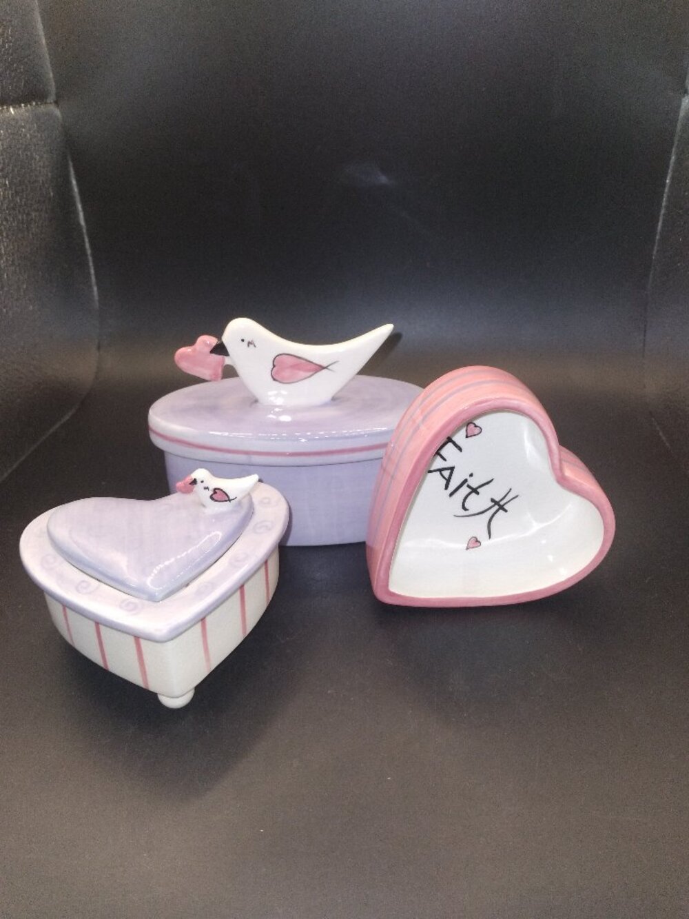 Russ Pottery Trinket Boxes Faith,Love Hearts and Doves set